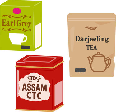 アールグレイ、ダージリン、アッサムの茶葉のパッケージ