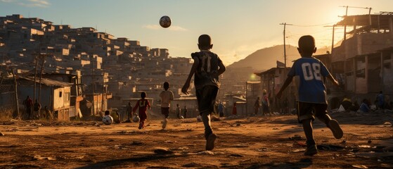 photography of kids playing football in a poor neighborhood field in sout america, afternoon light - Powered by Adobe