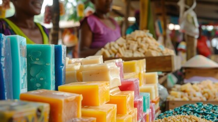 A colorful market stall displays various products made from biofuel byproducts such as soap candles and animal feed. A woman behind the stall shares how these sustainable products .