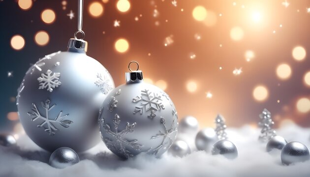 Christmas shining background New Year, silver balls, snowflake, fantastic blurred cloud and sky gradient, soft focus, glittering sparkling stars, curls, burning lights, dream. 3d rendering
