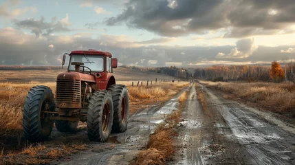 Fotobehang An old tractor on a rural unpaved road.  © Uliana
