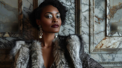 A stylish black woman exudes poise and grace as she poses in a striking fur coat and elegant evening gown embodying the lavish and luxurious lifestyle of the Jazz Age elite. .