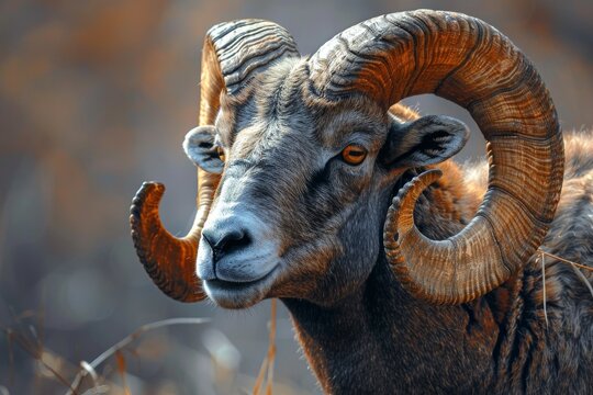 Close-up portrait of a ram with curved horns. Detailed image of the muzzle. A domestic animal is looking at something. Illustration for cover, card, poster, brochure or presentation
