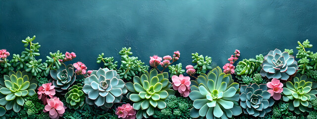 Various type of succulent cactus plants on blue background. Border made of colorful miniature plants. Botanic garden. Love nature, home plant concept. Flat lay, top view with copy space - Powered by Adobe