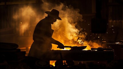 A silhouette of a blacksmith outlined against the fiery glow of the forge showcasing the intense heat of the job. . - obrazy, fototapety, plakaty