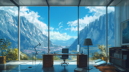 Monet illustration paint of a office room with mountain views.