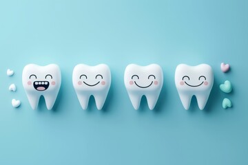 Four smiling teeth on a blue background.