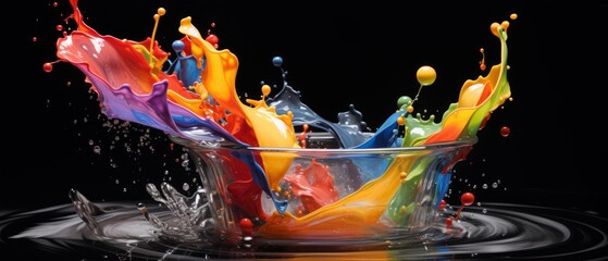 stream of rainbow from the tap, splashes fall down, black background - obrazy, fototapety, plakaty