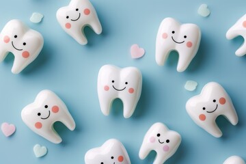 Teeth with smiles and hearts on a blue background.