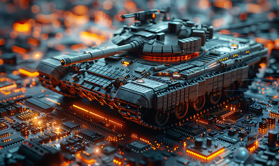 closeup on a military tank on a powerful computer board for AI taking control over war concept or race on manufacturing micro chips. Generative Ai - obrazy, fototapety, plakaty