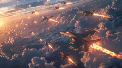 Many missiles and fighter jets flying in the sky. Modern warfare, aerial attack.  - obrazy, fototapety, plakaty
