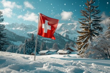 he Swiss flag fluttering in the wind. 