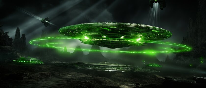UFO industrial heavy metal, laser guns, glowing, dangerous, grimy, green-screen background