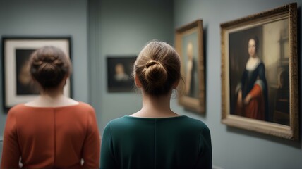 Woman looking at paintings in art gallery.｜アートギャラリーで絵画を見ている女性
