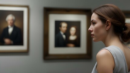 Woman looking at paintings in art gallery.｜アートギャラリーで絵画を見ている女性 - obrazy, fototapety, plakaty
