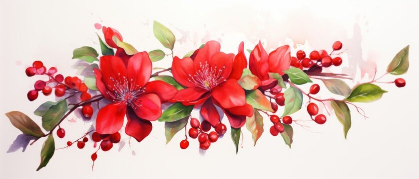 water color painting of red camelia foliage with drug capsules on white background