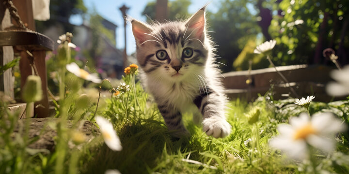 Outdoor Playtime with an Adorable Kitten Garden Frolic with an Adorable Kitten with sky background.