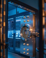 A vault door opening to a room of digital assets, symbolizing business security, wealth protection, and surveillance - obrazy, fototapety, plakaty