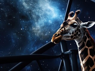 Naklejki  a giraffe leaning against a railing