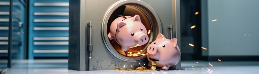 A corporate workshop on financial wellness, with a section dedicated to effective saving strategies, symbolized by a piggy bank breaking into a vault