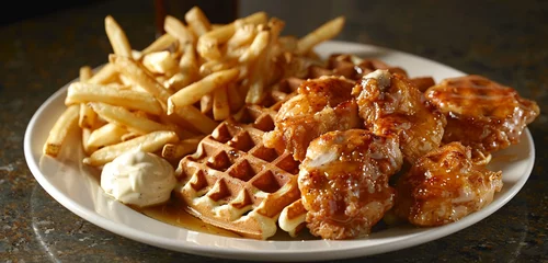 Deurstickers From an elevated vantage point, a delectable plate of chicken on waffle is displayed alongside golden fries and a dollop of mayo © rai stone