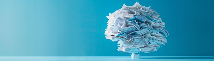 A brain made of pages and notes, symbolizing the deep dive into memory research and psychology - obrazy, fototapety, plakaty