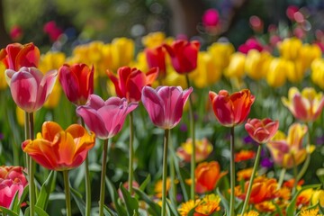 Fototapeta premium Colorful tulips in sunlight with blurred background, vibrant spring flowers