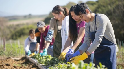 A group of students dons gardening gloves and aprons as they prepare to harvest seed from a nearby field ready to turn it into biofuel in a demonstration of sustainable farming practices. .