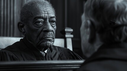 In a solemn courtroom a seasoned judge gazes intently at the defendant their face etched with lines of wisdom and authority. . - obrazy, fototapety, plakaty