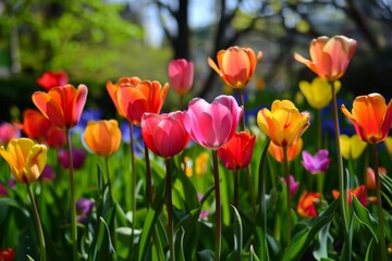 Obraz premium Colorful tulips in sunlight with blurred background, vibrant spring flowers
