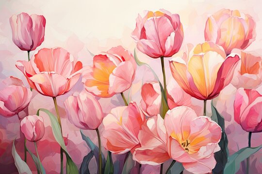 a group of pink and yellow tulips