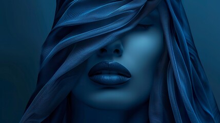 Visual art of obscured female face in blue fluid fabric style in mysterious atmosphere. Visual composition in bluish tones and dramatic effect of a female face.