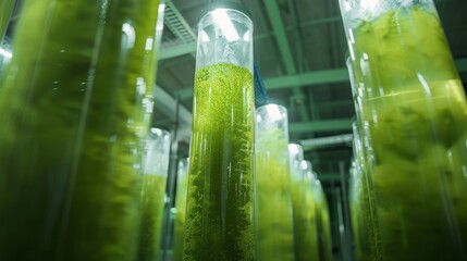 A large industrial facility with tall cylindrical tanks filled with green microalgae floating on the surface. Several workers in protective gear are monitoring the tanks as they extract .