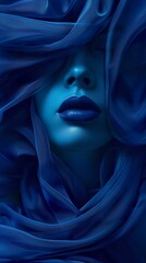 Visual art of obscured female face in blue fluid fabric style in mysterious atmosphere. Visual composition in bluish tones and dramatic effect of a female face.