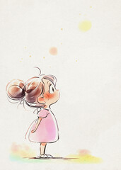 Cartoon Drawing: a Cute Young Girl, Baby Girl, Pink Dress
