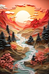 a paper cut out of a river with trees and mountains