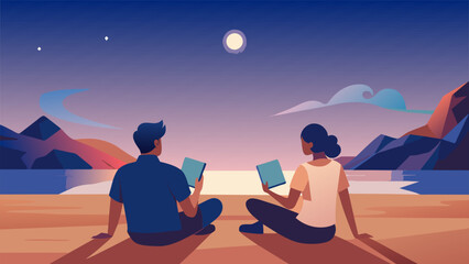 Two friends sit on the beach under a starry sky their passports and travel guides spread out before them. As they plan their first solo trip - obrazy, fototapety, plakaty