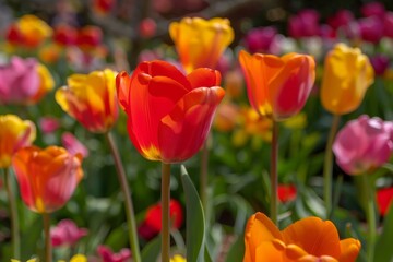 Colorful tulips in sunlight with blurred background, vibrant spring flowers