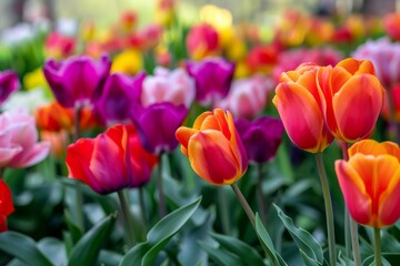 Colorful tulips in sunlight with blurred background, vibrant spring flowers