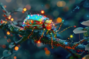 A neon-bright beetle crawling on a branch - obrazy, fototapety, plakaty