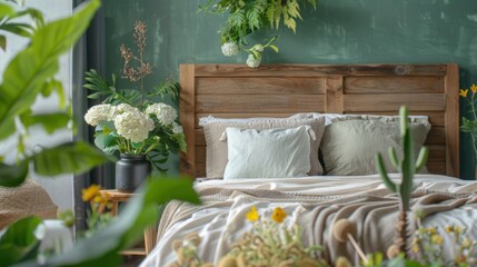 A mix of weathered wood headboards of different shapes and sizes create a unique and eclectic look in the bedroom. The addition of lush greenery and blooming flowers in the room brings . - obrazy, fototapety, plakaty