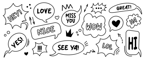 Set of doodle and speech bubble vector. Collection of contemporary figure, speech bubble with text, arrow in funky groovy style. Chat design element perfect for banner, print, sticker