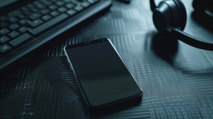 black smartphone with bluetooth headphone on black table