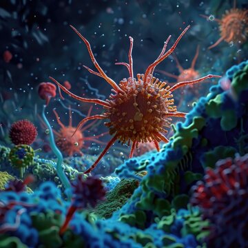 An animated 3D depiction of the lytic cycle of a bacteriophage infecting a bacterial cell.