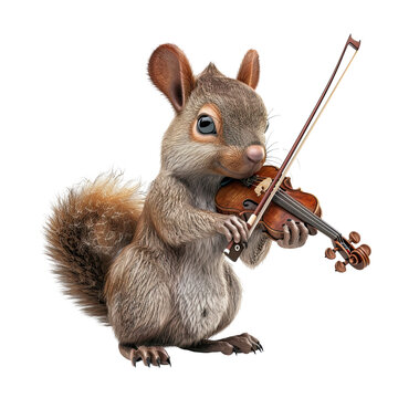 Cartoon squirrel performs violin to crowd on transparent background