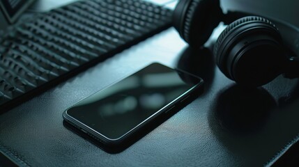black smartphone with bluetooth headphone on black table