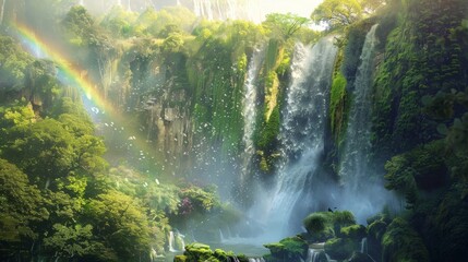 A dynamic image of a waterfall cascading down a moss-covered cliff after a heavy rain. The air is filled with mist, and the sunlight creates a rainbow in the spray. 