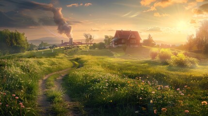 A panoramic view of a lush green field bathed in the warm glow of the setting sun. A winding path leads towards a traditional farmhouse, where smoke curls from the chimney hinting at a delicious Passo - obrazy, fototapety, plakaty
