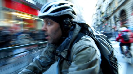 With a determined expression a journalist rides their bike through the crowded streets of the city their keen eye and ae sense of observation constantly scanning the surroundings for .