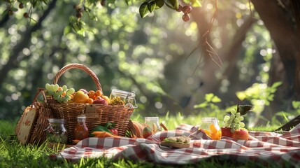 A picnic scene with a wicker basket overflowing with delicious treats.Alongside sandwiches and fruit, several glass jars containing homemade pickled vegetables peek out. - obrazy, fototapety, plakaty
